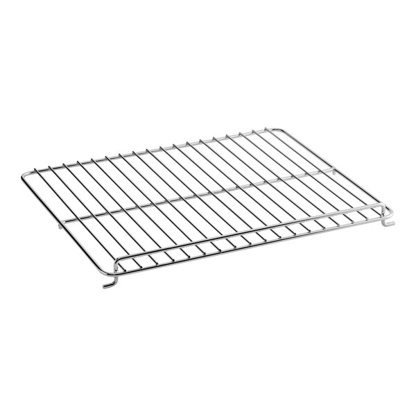 A rectangular metal oven rack with closely spaced bars and small legs, measuring 24 by 20 inches.