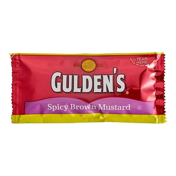 A package of Gulden's Spicy Brown Mustard with red and white text.