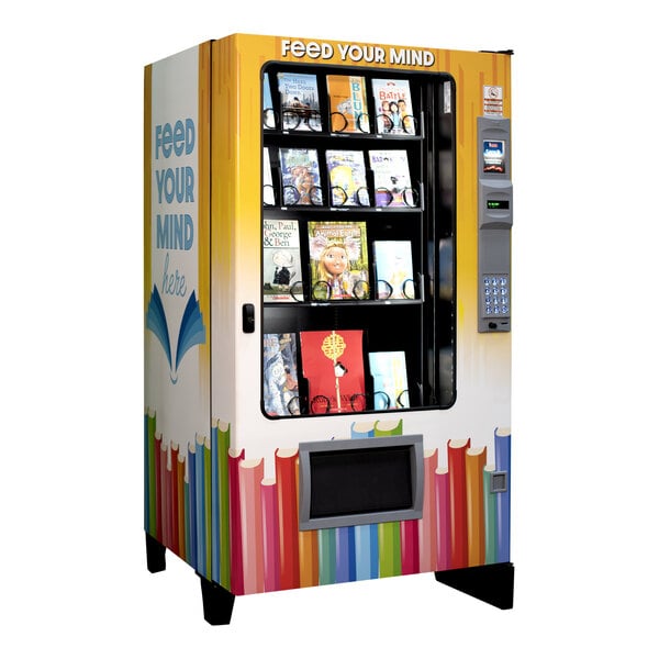 An AMS book vending machine with books on it.