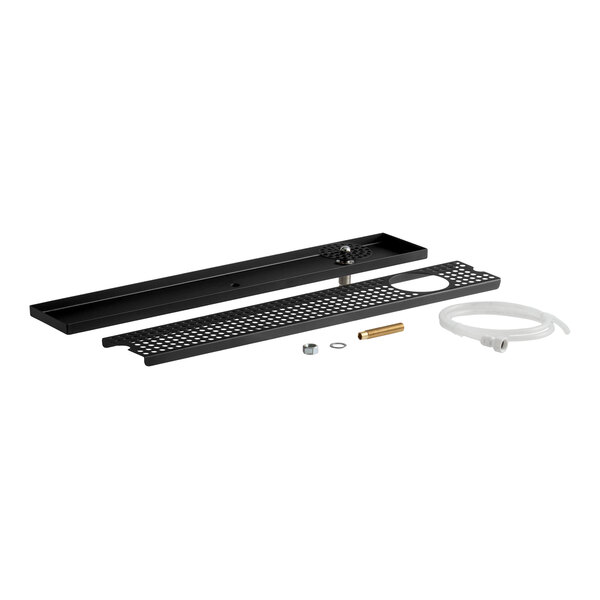A 30-inch by 5-inch black matte stainless steel surface-mount beer drip tray with a rinser and installation accessories.