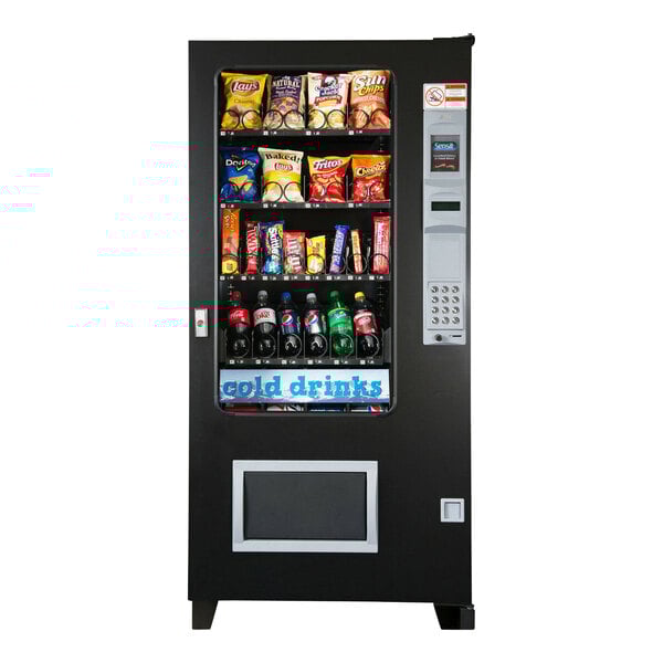 An AMS refrigerated snack and beverage combo vending machine with high-capacity can tray and credit card system.
