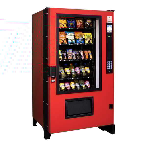 A red Vendo-Matic vending machine with snacks inside.