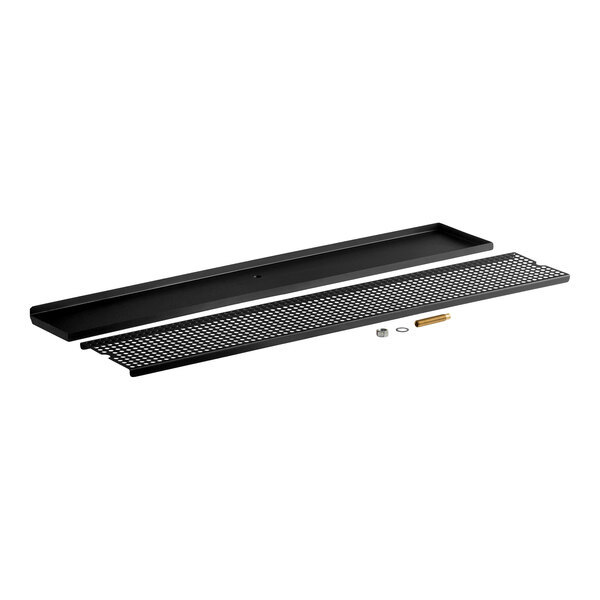 A 45-inch by 8-inch black matte stainless steel surface-mount beer drip tray with a removable grate and mounting hardware.