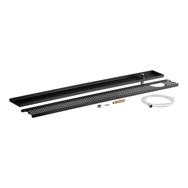 A 45-inch by 5-inch black matte stainless steel surface-mount beer drip tray with a rinser and installation accessories.