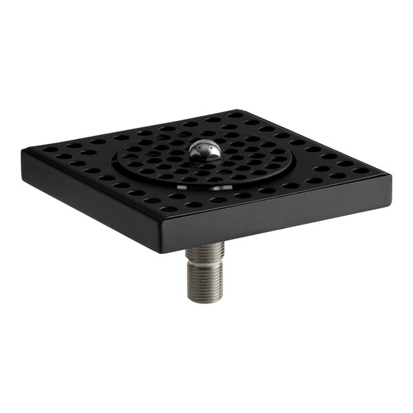 A square black matte stainless steel surface-mount beer drip tray with a built-in rinser and perforated top.