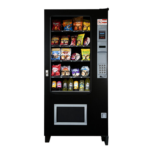 A black rectangular VEND MACH AMS 35 LTF 2-1-2 vending machine with snacks and drinks.