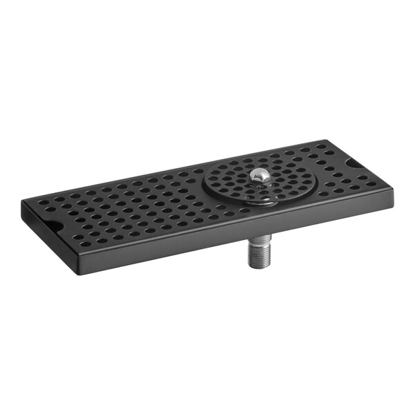 A rectangular black matte stainless steel surface-mount beer drip tray with a built-in rinser and multiple drainage holes.
