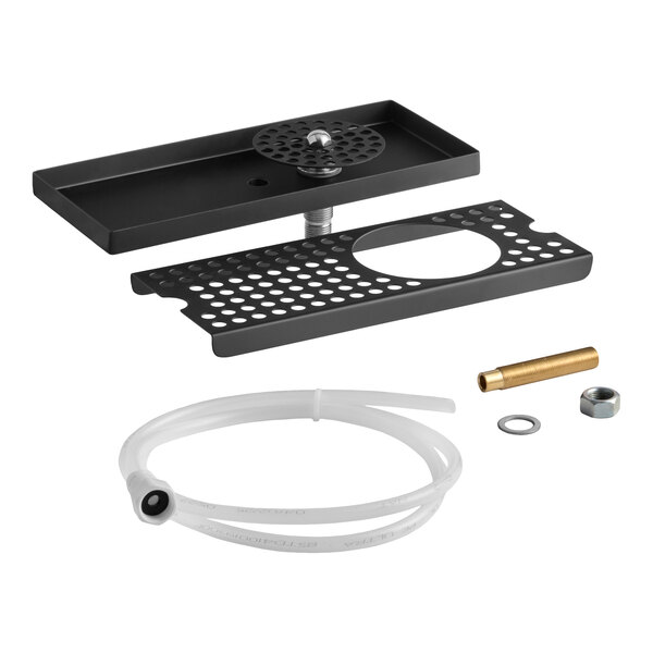 A black matte stainless steel surface-mount beer drip tray with rinser and installation accessories.