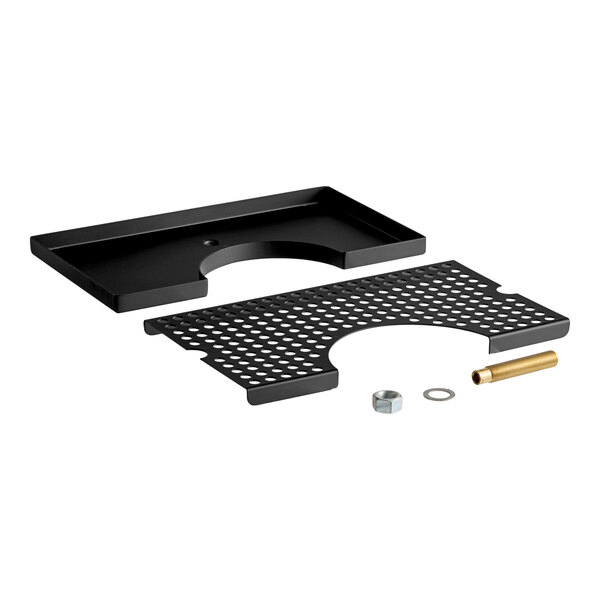 A black matte surface-mount beer drip tray with a 4-inch column cutout and included mounting hardware.