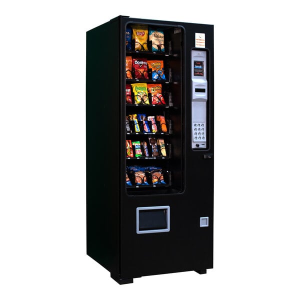 An AMS SlimGem vending machine with snacks on shelves.