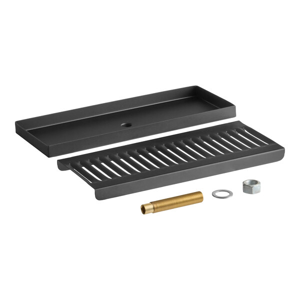 A black matte stainless steel surface-mount beer drip tray with a slotted grate and installation hardware.