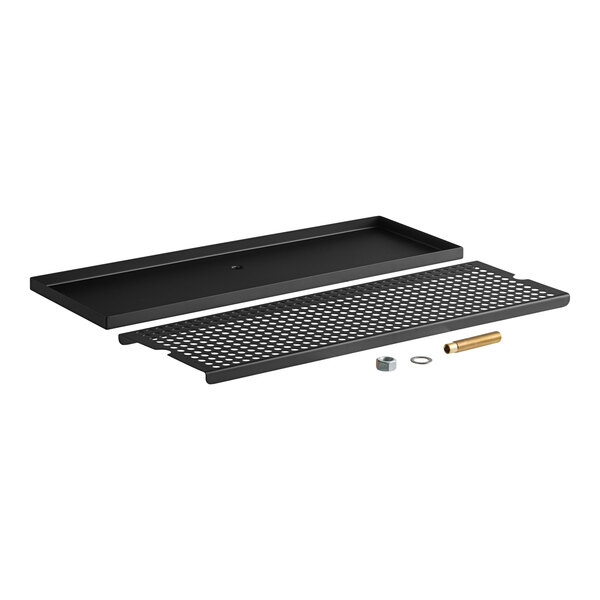 A rectangular black matte stainless steel surface-mount beer drip tray with a removable grate and installation hardware.