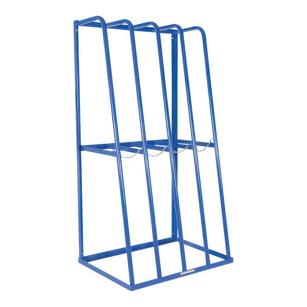A blue Vestil steel storage rack with chains on it.