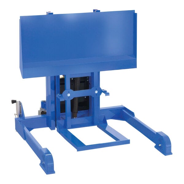 A blue hydraulic lift with a blue table attached to a blue Vestil machine.