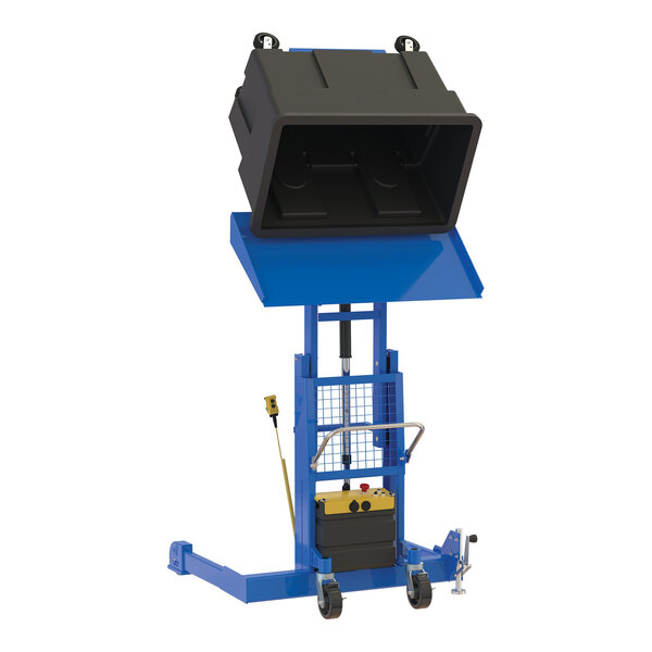 A blue and black Vestil multi-purpose tote dumper with a blue box on top.