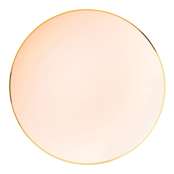 A white plastic round plate with a pink center and gold rim.