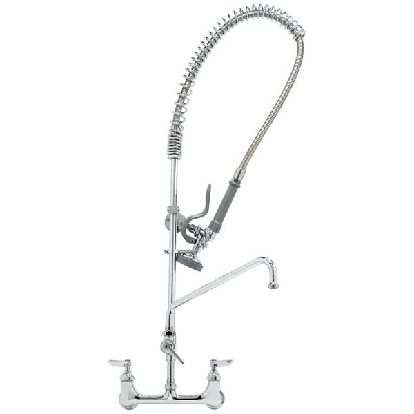 A chrome T&S pre-rinse faucet with a hose attached.