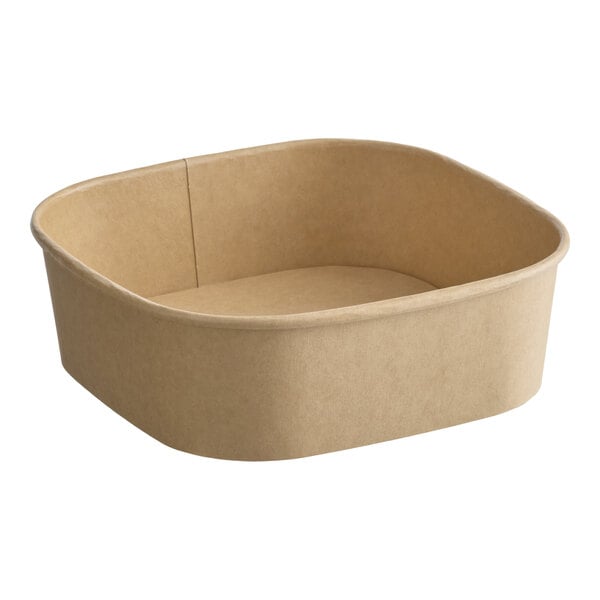 A square kraft paper take-out container with a 32 oz. capacity.