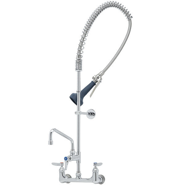 A chrome T&S pre-rinse faucet with a hose and sprayer.