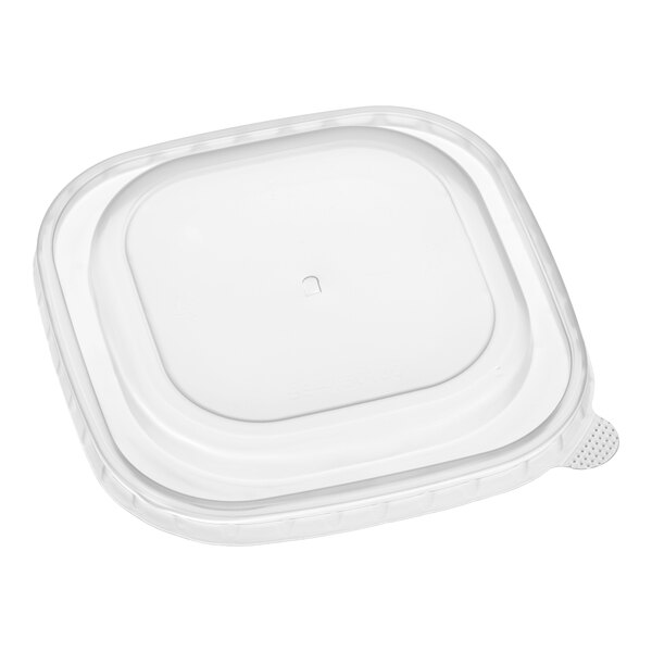 A clear square polypropylene take-out container lid.