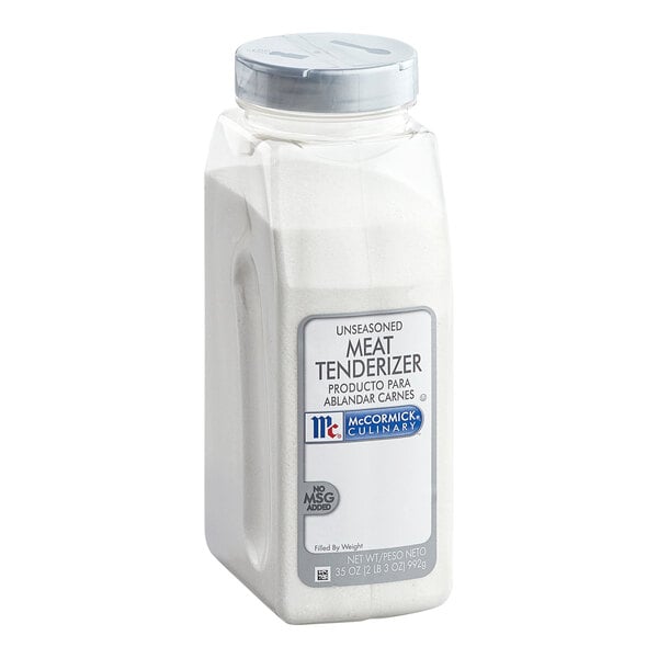 A clear plastic container with a gray lid, filled with a white powder labeled as unseasoned meat tenderizer.