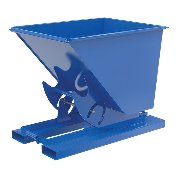A blue metal Vestil forklift hopper with a metal handle.