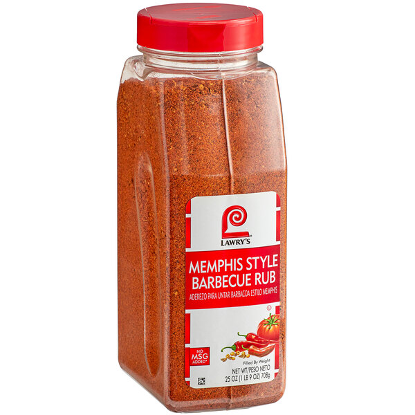 A close up of a Lawry's Memphis BBQ Rub jar.