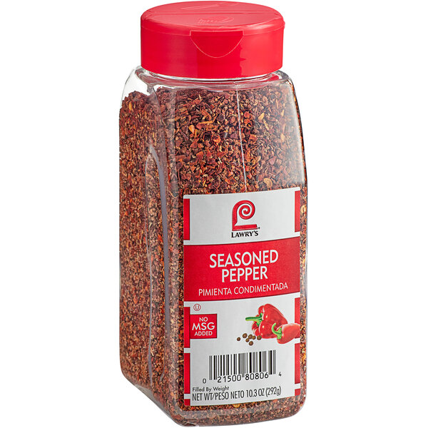 A container of Lawry's Seasoned Pepper on a counter.