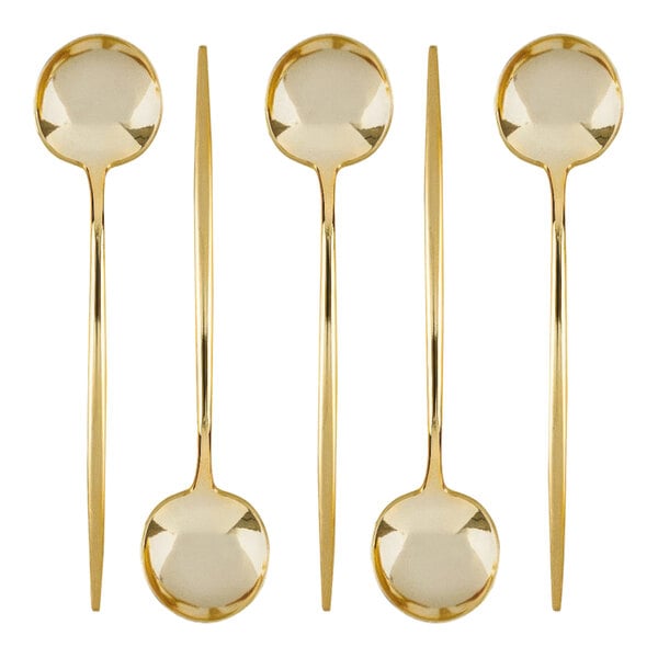 A group of four Posh Setting gold plastic spoons with long handles.