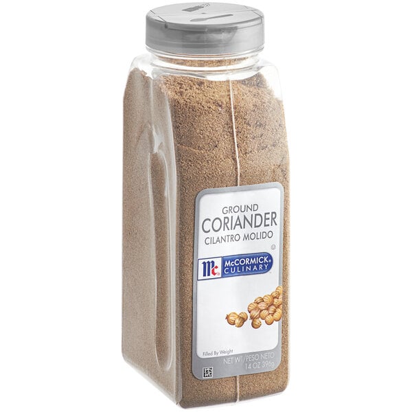 A container of ground brown McCormick Culinary Ground Coriander.
