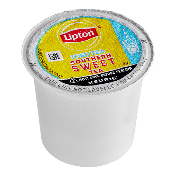 A white plastic container of Lipton Southern Sweet Iced Tea K-Cup pods with a yellow and blue label.