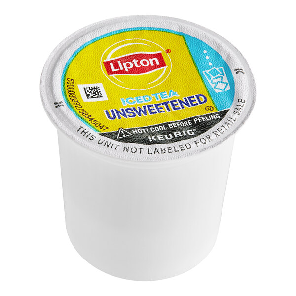 A white plastic container of Lipton Iced Tea K-Cup Pods with a yellow and blue label.