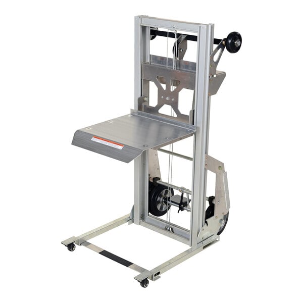 A portable aluminum load lifter with a platform and wheels, designed for lifting and transporting loads up to 200 pounds.