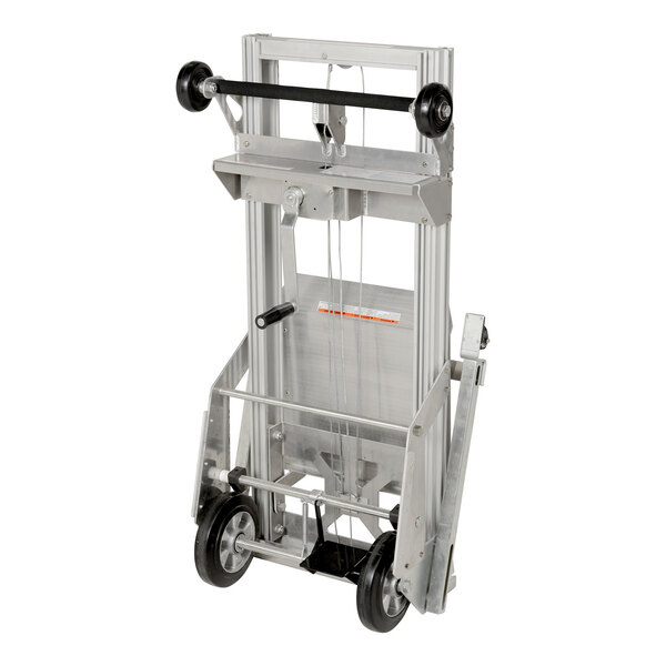 A portable aluminum load lifter with wheels and a foldable platform, designed for lifting up to 200 pounds.