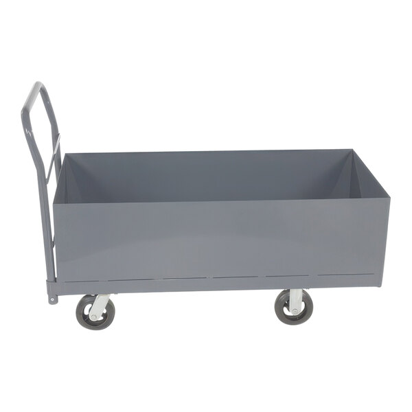 A gray steel Vestil platform truck with a deep box on it.