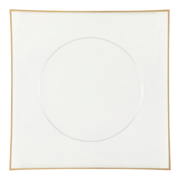 A clear square plate with a gold border.