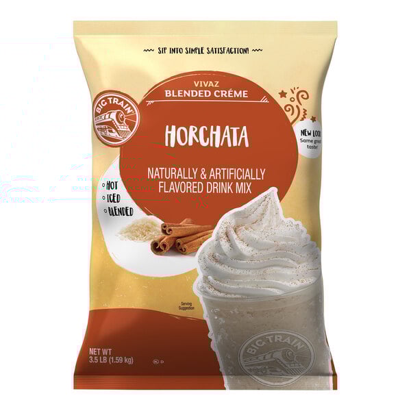 A bag of Big Train Vivaz Horchata Blended Creme Frappe Mix with a label showing a close up of a drink.