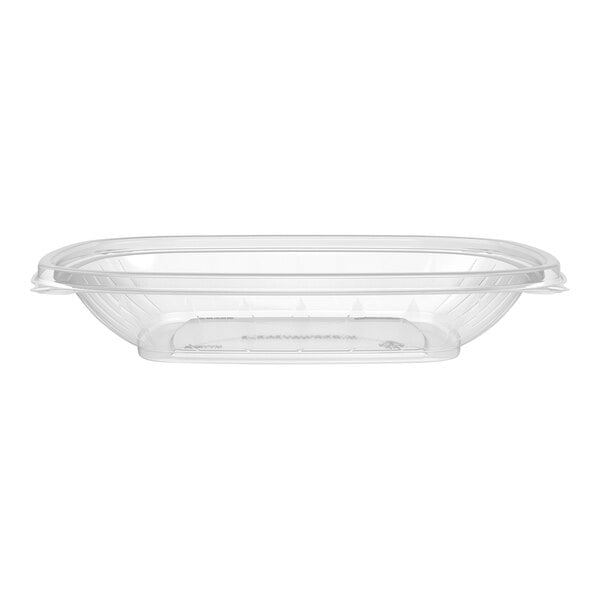 A clear Dart polypropylene container with a lid.