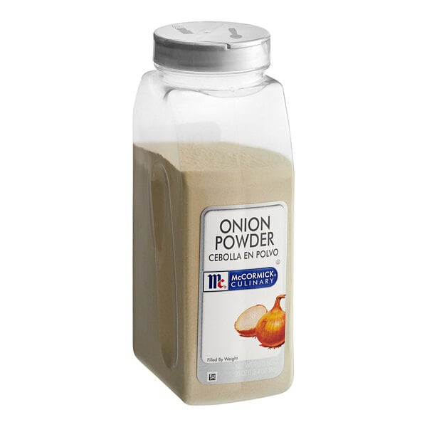 A clear container of white McCormick Culinary Onion Powder.