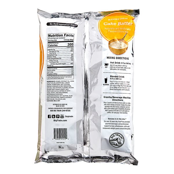 A close up of a bag of Big Train Cake Batter Blended Creme Frappe Mix with a label.