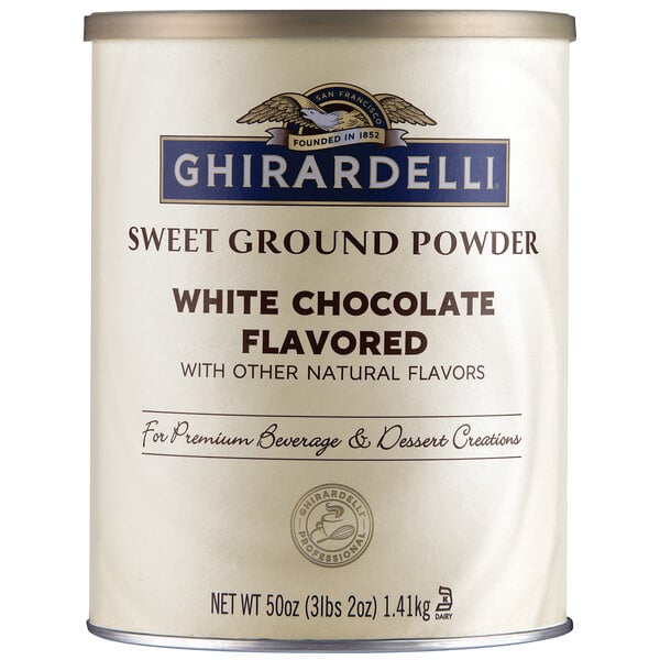 A white Ghirardelli container of white chocolate flavored powder.