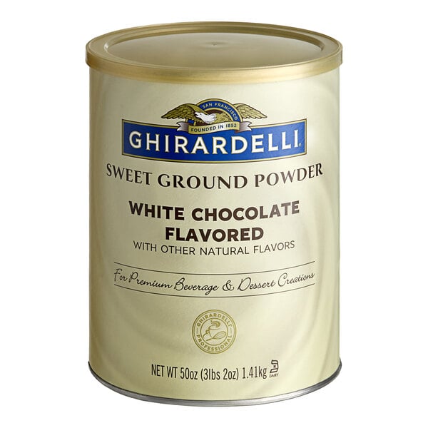 A white jar of Ghirardelli Sweet Ground White Chocolate Flavored Powder with a label.