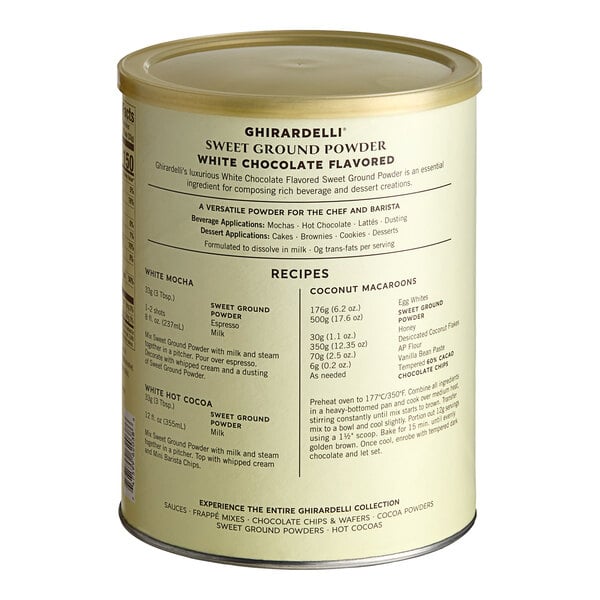 A close up of a Ghirardelli tin of white chocolate flavored powder.