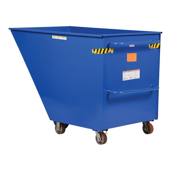 A blue container with wheels.
