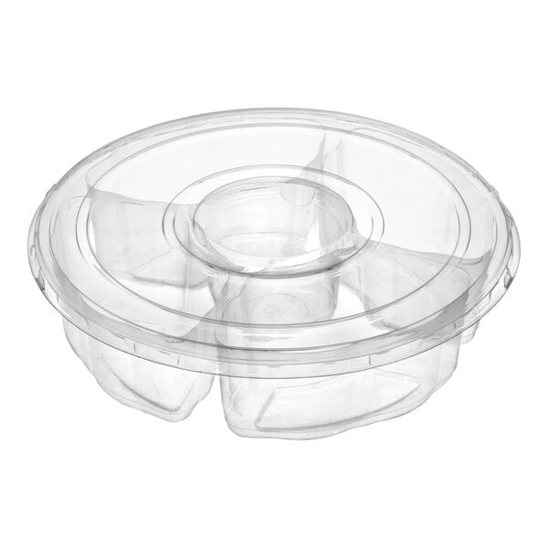 A clear plastic round platter with five compartments and a lid.