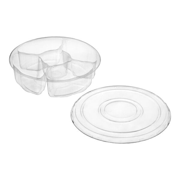 A clear plastic round platter with five compartments and a matching lid.