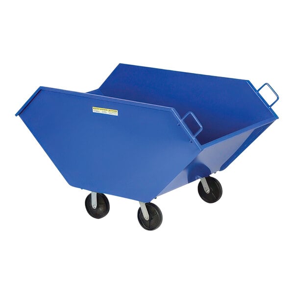 A blue steel chip and waste truck with black wheels.