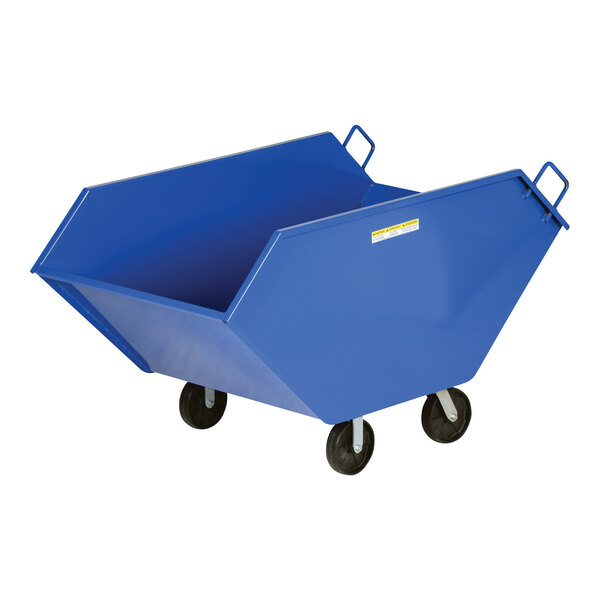 A blue cart with black wheels.
