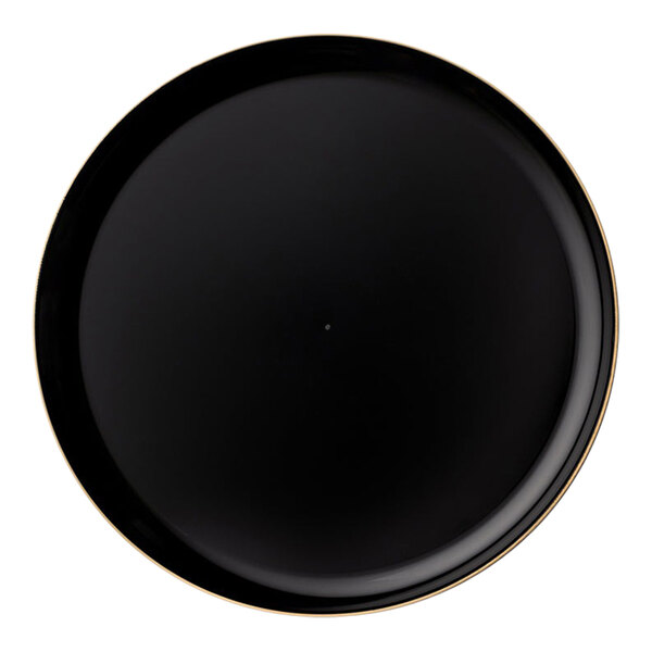 A close-up of a black Posh Setting Edge plastic plate with a gold rim.