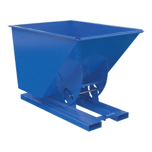 A blue steel forklift hopper with wheels and a metal frame.